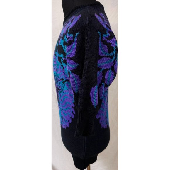 Leslie Fay Medium Black Purple Floral Aztec Tapered Body 3/4 Sleeves Sweater - Picture 10 of 14